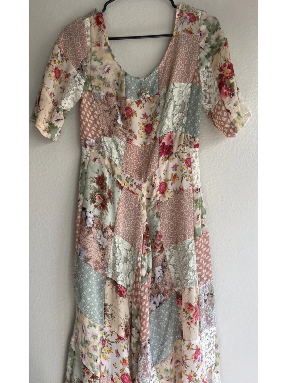 vintage CDC patchwork style boho dress mixed floral prints lace Women’s Sz XS